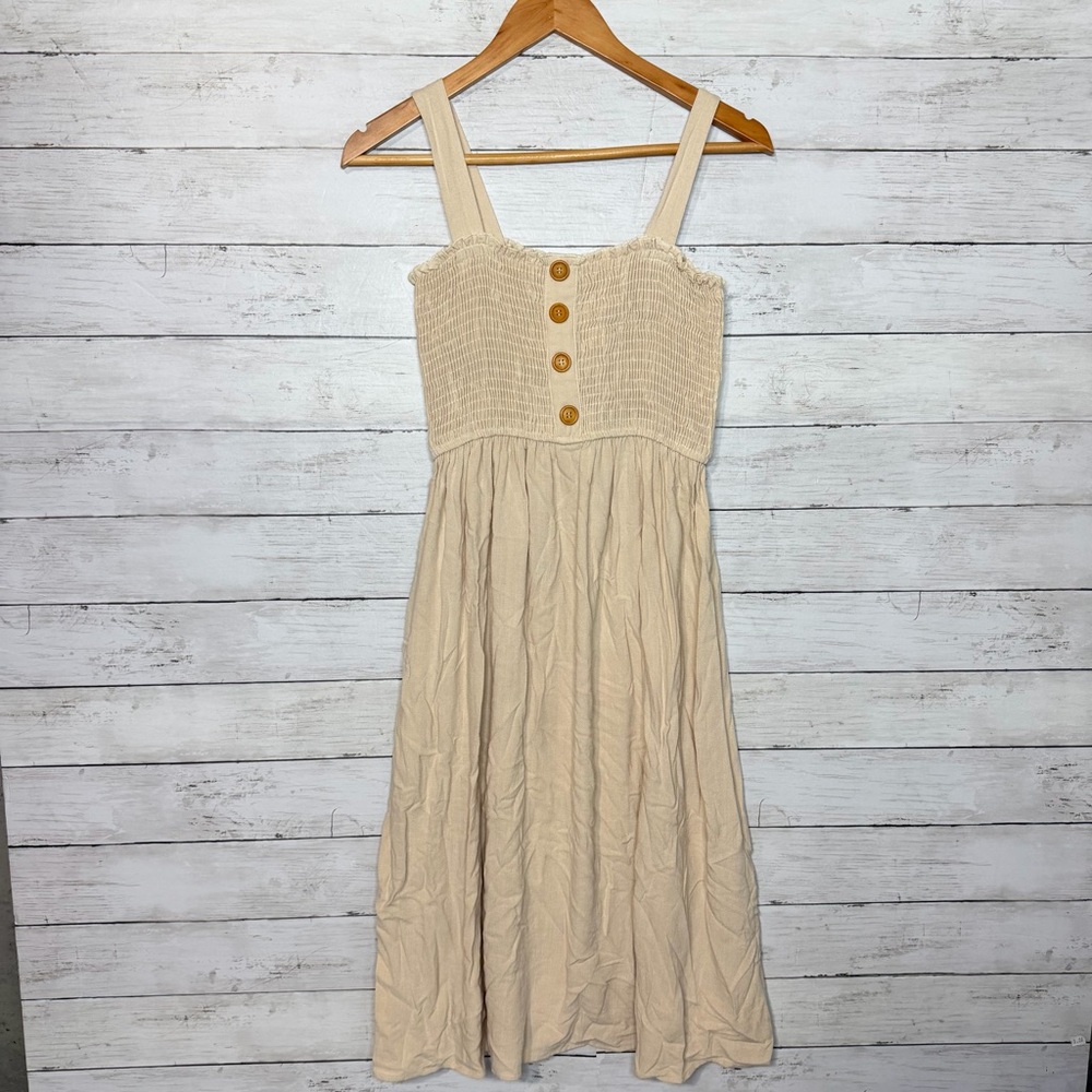 Ava James Beige Smocked Button-Front Linen Blend Midi Sundress Small Cream Tan - Picture 3 of 7